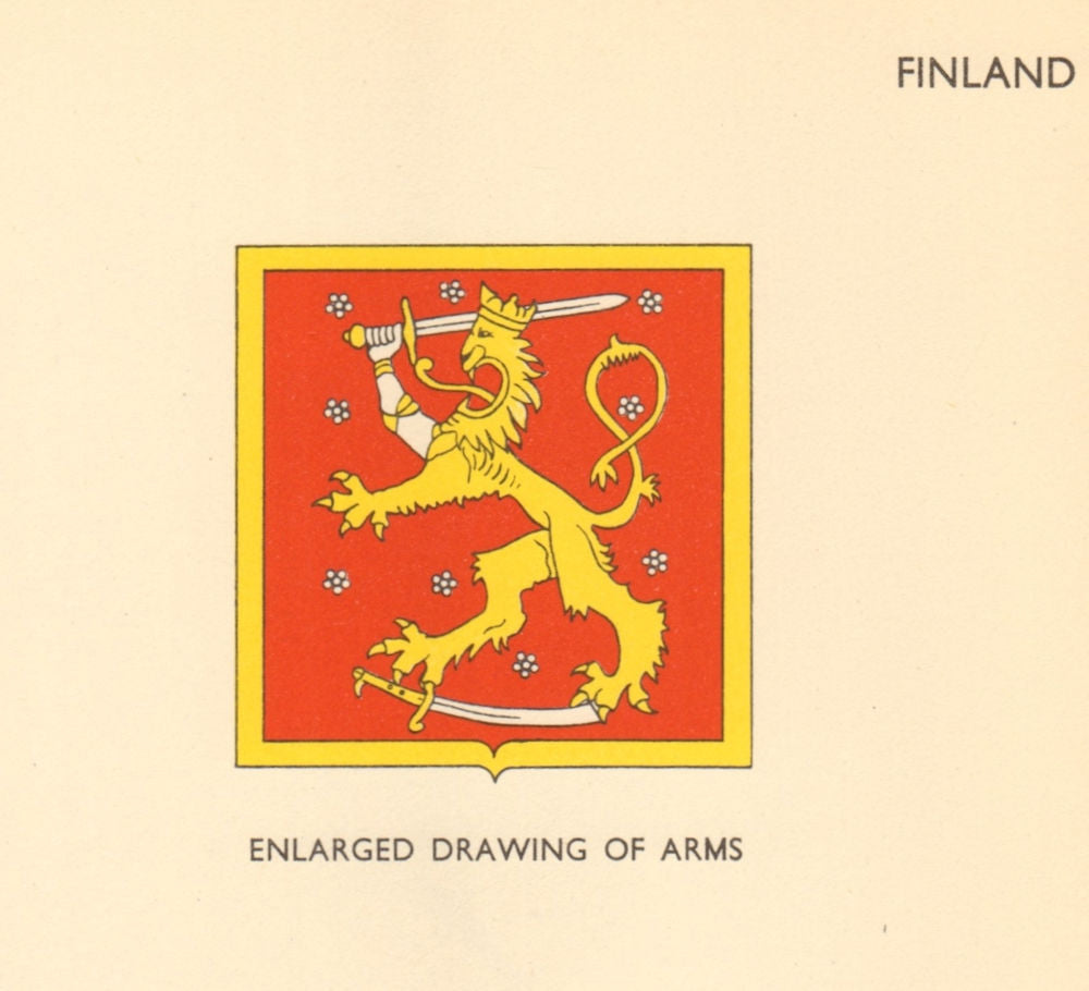 FINLAND FLAGS. Enlarged Drawing of Arms 1955 old vintage print picture